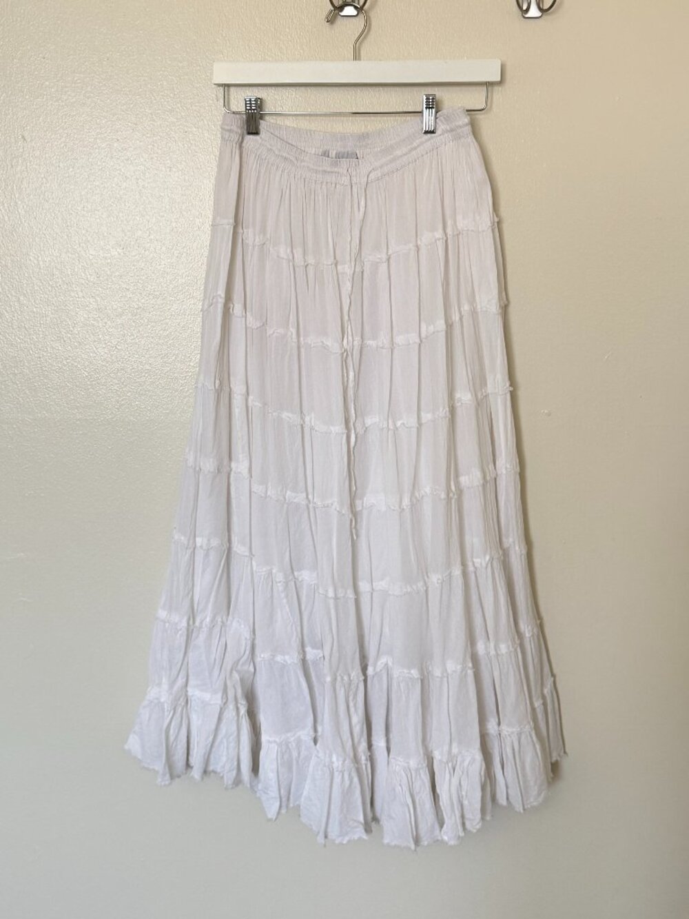 Women's White Tiered Maxi Skirt with Drawstring Waist